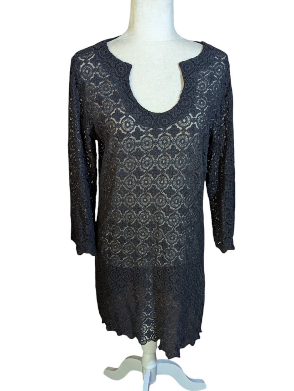 Whimsigoth Black Crochet Lace 3/4 Sleeve U Neck Sheer Dress/Tunic Witchy Sz M
